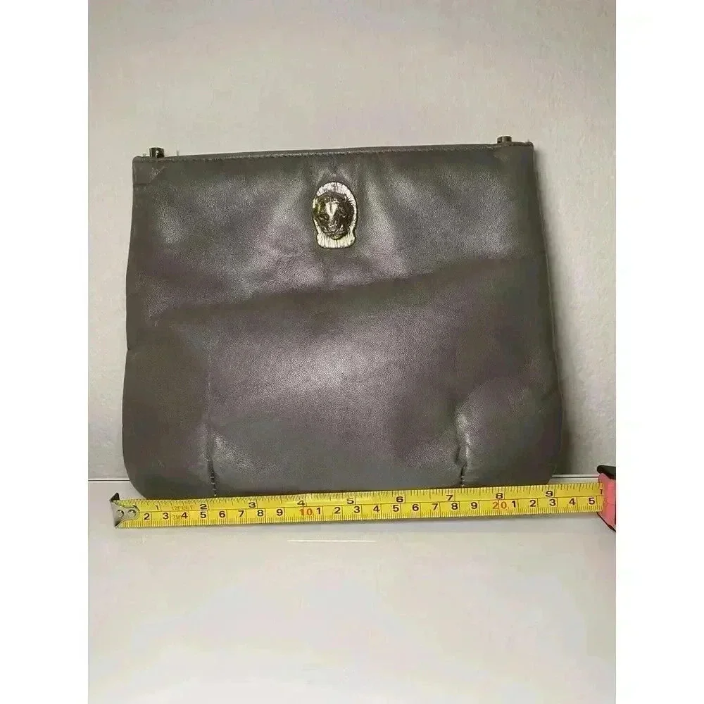 Vintage Ruth Saltz 70s Gray Leather Clutch Bag Silver Tone Lion Emblem No Strap